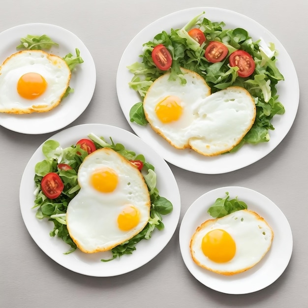 Four plates of food with eggs on them and one has a salad on it