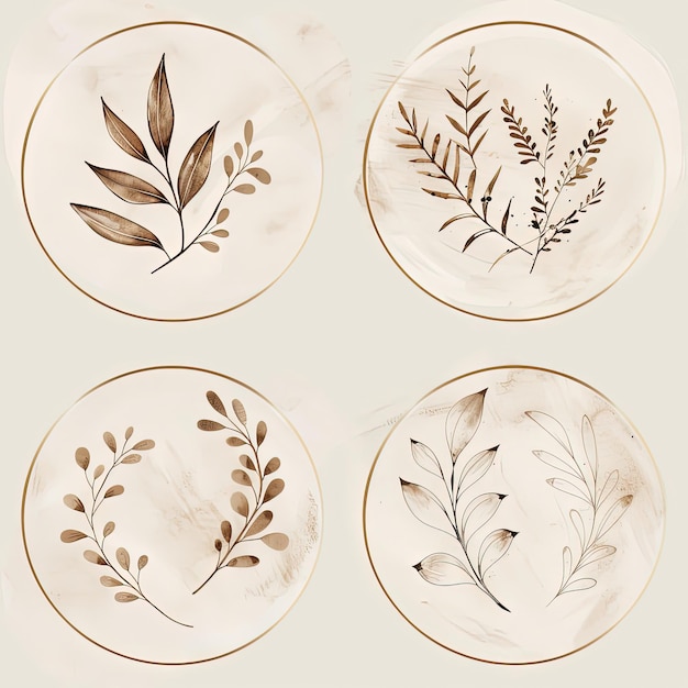 Photo four plates with different designs of leaves and plants on them