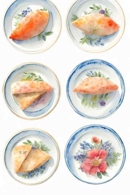 Four Plates With Different Types Of Food On Them