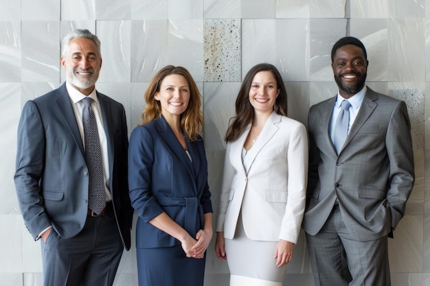 Four professional individuals in business attire exude confidence and teamwork against a textured white wall