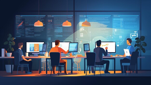 four programmers working in a modern office at night analyzing data and coding on computers with large screens displaying code