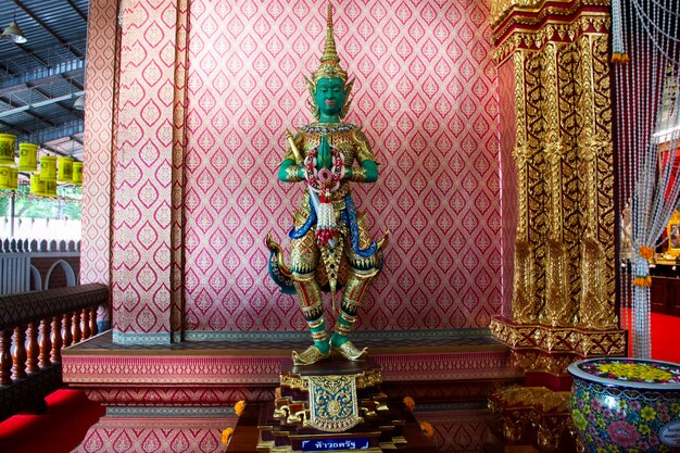 Four protector Heavenly Kings and King Thao Wessuwan or Vasavana Kuvera giant statue of Wat Kui Buri temple for thai people visit praying blessing on October 11 2023 in Prachuap Khiri Khan Thailand