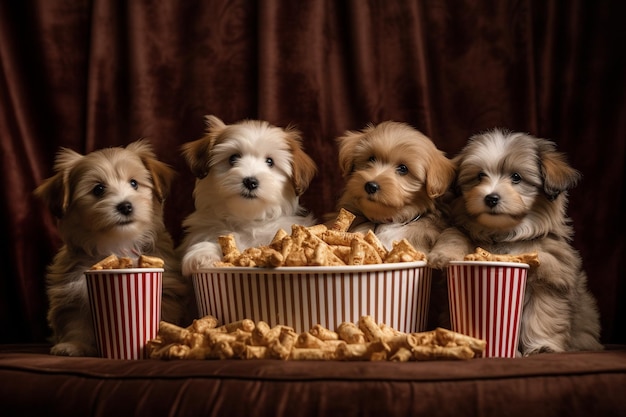 Четыре щенка сидят перед коробкой попкорна.