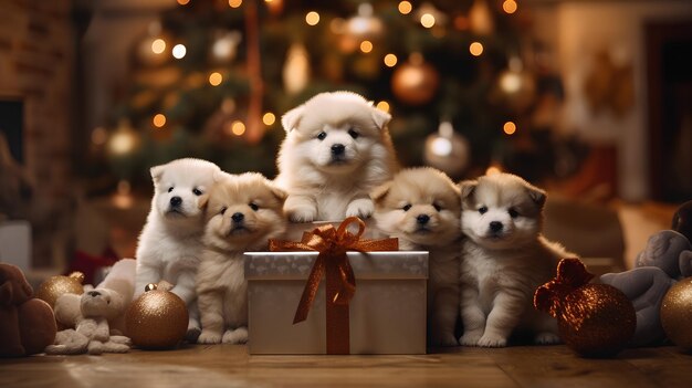 4 匹の子犬がクリスマス ツリーを背景にクリスマス ツリーの前に座っています。