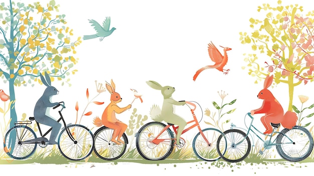 Four rabbits are riding bicycles in a row in a field There are two trees with green and yellow leaves in the background