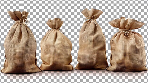 Photo four realistic looking sacks made of sackcloth fabric the sacks are all filled with an unknown substance and tied at the top with a piece of rope