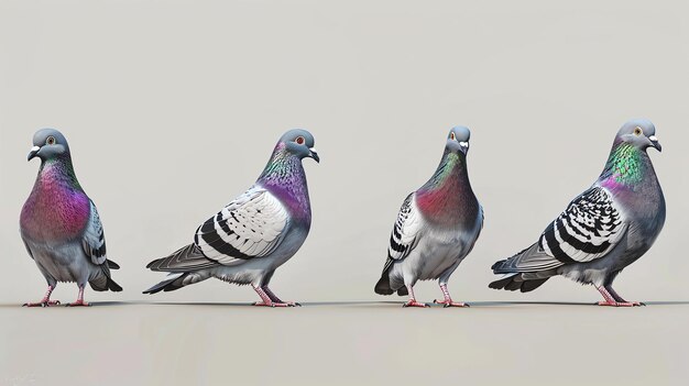 Photo four realistic pigeons standing in a row on a beige background the pigeons have different colored feathers