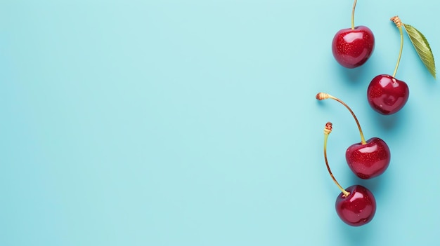 Photo four red cherries with green stems on a blue background