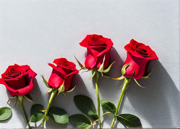 Four red roses are lined up against a white wall.