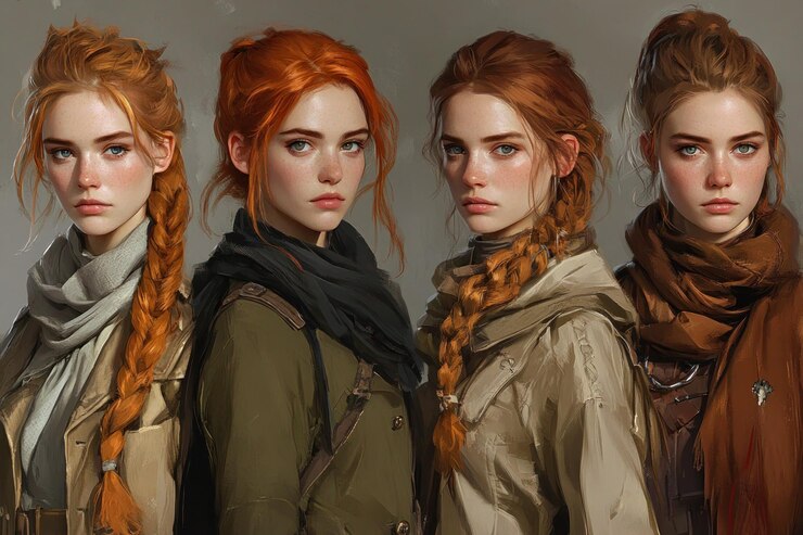 Photo 4人の赤の女性が編んだヘアスタイル ニュートラルな背景 キャラクターデザイン コンセプトアート