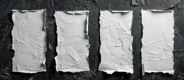 Four ripped white paper sheets on a dark wall