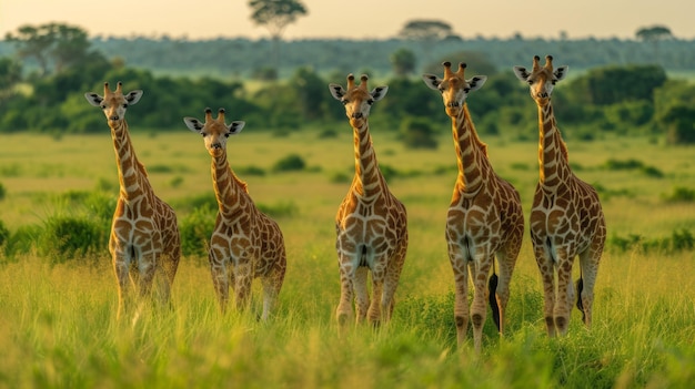 네 개의 로스차일드 지라프 지라파 카멜로파르디스 로스차일디 (Giraffa camelopardis rothschildi) 가 머치슨 폭포 (Murchison Falls) 에서 높이 서 있습니다.