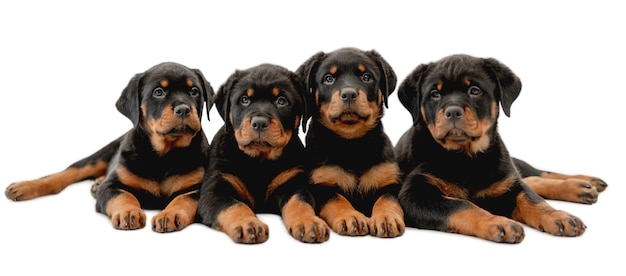 Quattro cuccioli di rottweiler si trovano isolati su sfondo bianco e guardando la fotocamera