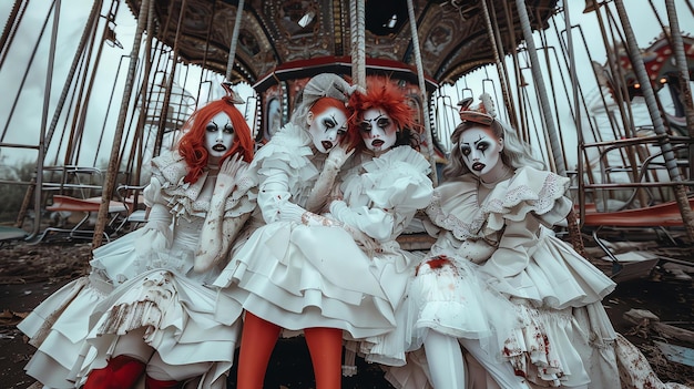 Photo four scary female clowns with red hair are sitting in a broken down carousel they are wearing white dresses and have clown makeup on their faces