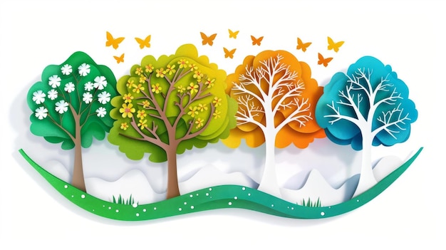 Photo the four seasons of the tree on a white background spring with flowers summer with greenery autumn with yellow color and winter with snow illustration in paper cut cartoon style a natural eco