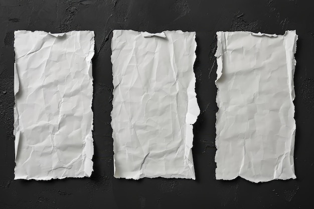 Photo four sheets of white torn paper on a black wall