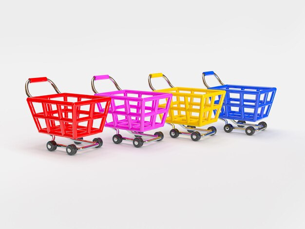 Four shopping carts standing in the backdrop, blue, red, yellow and pink