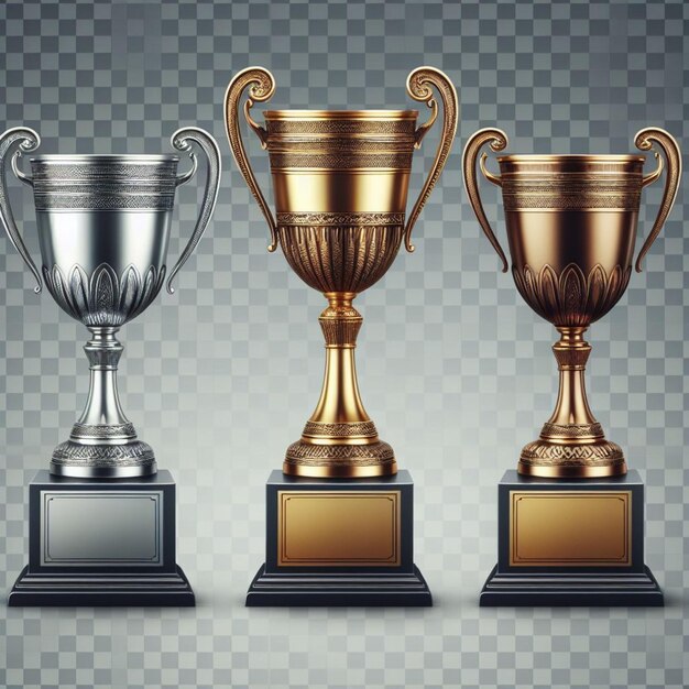 Photo four silver trophies with gold and silver on them