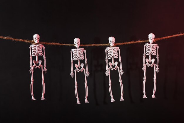 Four skeletons suspended by the neck on a rope with silhouettes on a dark background. Halloween Decoration