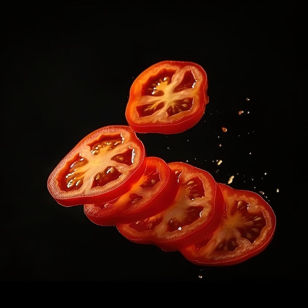 Four slices of tomato are flying in the air with the word " tomato " on the bottom.