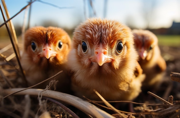 Four small chickens on top of a grass A group of baby chickens sitting next to each other