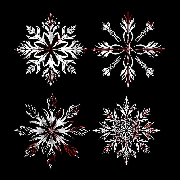 four snowflakes are shown with one of them has a white pattern