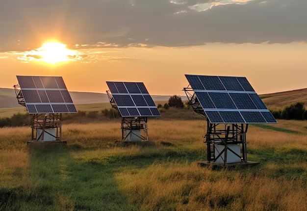 Four solar panels in a field with the sun setting behind them