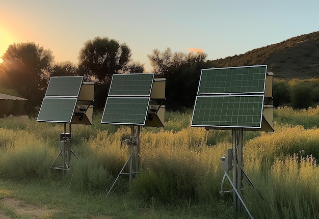 Four solar panels in a field with a sunset in the background.