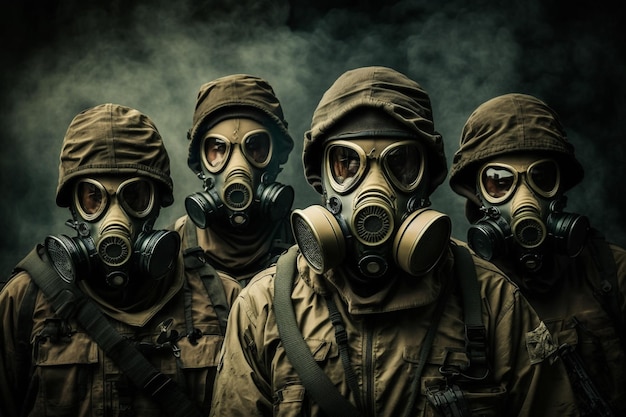 Four soldiers wearing gas masks stand in a dark room.