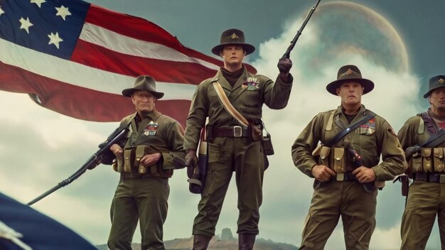 four soldiers with guns are standing in front of a flag