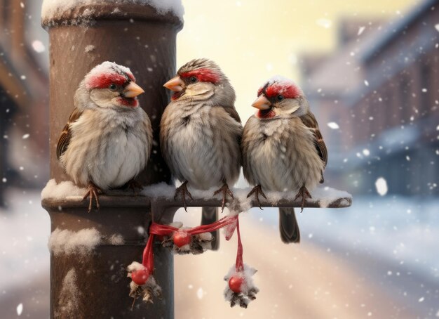 Four Sparrows in Festive Santa Hats Spread the Holiday Cheer