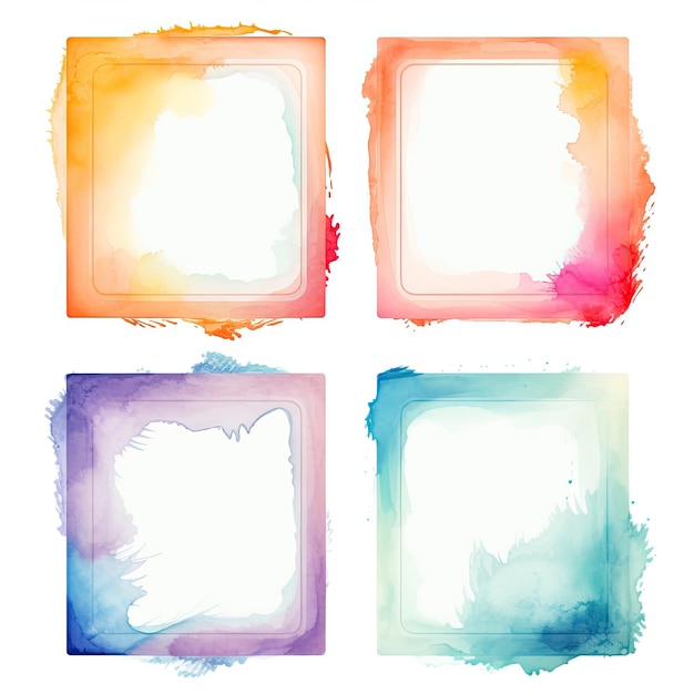 four square frames with different colors and a square of one that has a purple and green color