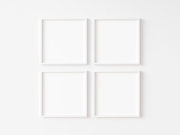 Four square white frame on white wall 3d illustration