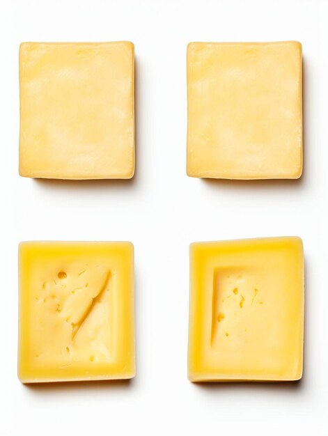 four square yellow cheese cubes are lined up with one that has a square of the numbers on the front