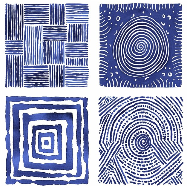 four squared patterns in blue and white with large squares on top in the style of geometric