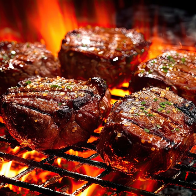 Four steaks are cooking on a grill with flames and the words " meat " on the grill.