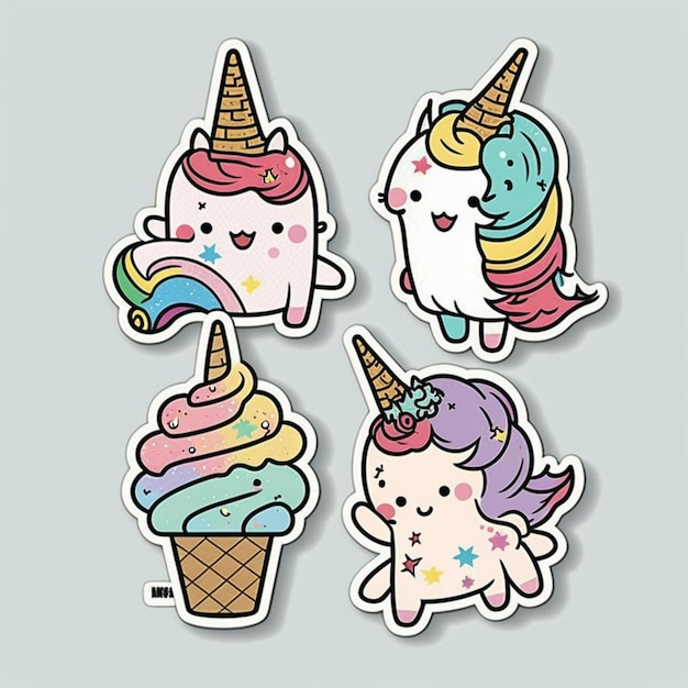 Photo four stickers of different unicorns with ice cream and ice cream generative ai