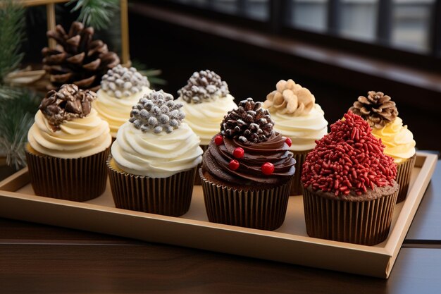 Four sweet cupcakes with pinecone and christmas balls ar c v