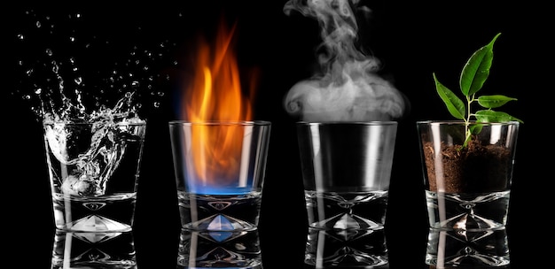 Four symbols of the elements in glasses, earth, water, air, fire