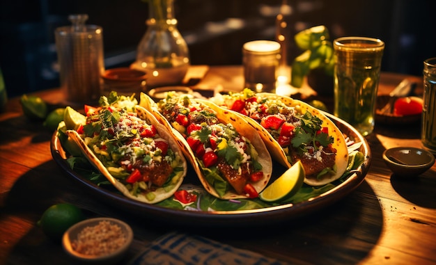 four tacos are sitting on a wooden table