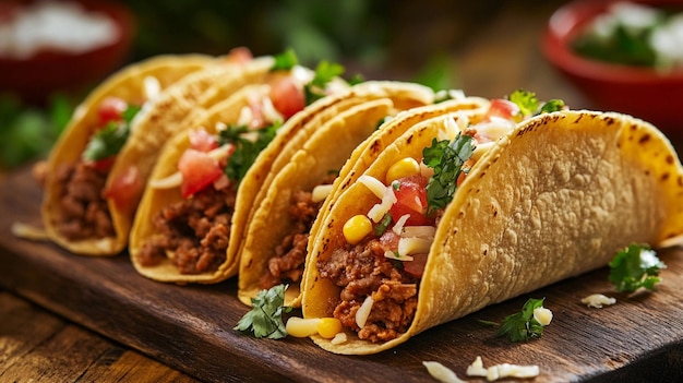 four tacos with meat and cheese on a wooden table