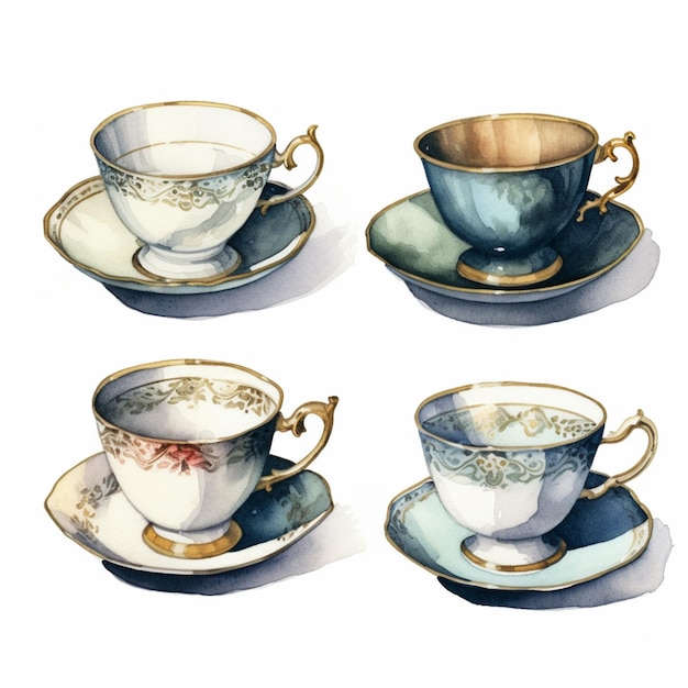 Four tea cups and saucers are sitting on a table generative ai