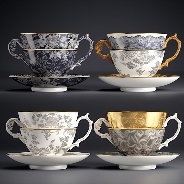 Four teacups are on a table, one of which is gold and the other is gold