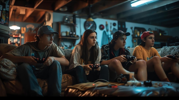 写真 4人のティーンエイジャーは地下のソファに座ってビデオゲームをしている彼らは皆カジュアルな服を着ており楽しんでいるように見える