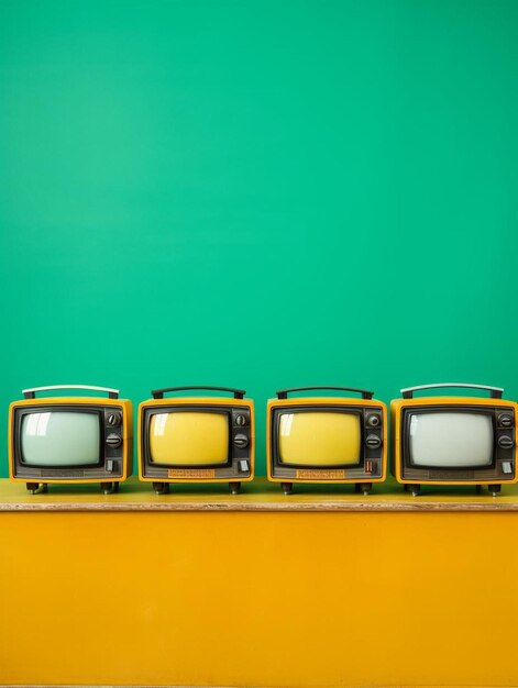 Photo four televisions are lined up in a row one of which has a green background