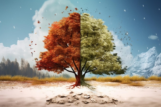 Four temporal seasons converge in one face one frame and one tree illustrating the beauty of nature