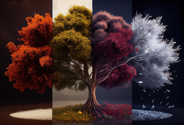 The four temporal seasons in one tree green spring summer autumn snow winter one face one frame Nature concept and background