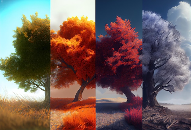 The four temporal seasons in one tree green spring summer autumn snow winter one face one frame Nature concept and background