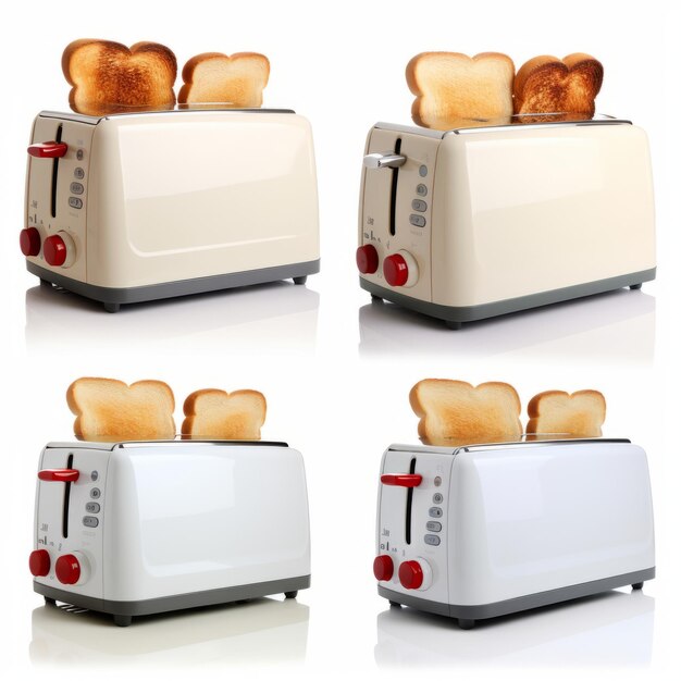 Foto quattro tostapane con quattro deliziose fette di toast pronte per la colazione