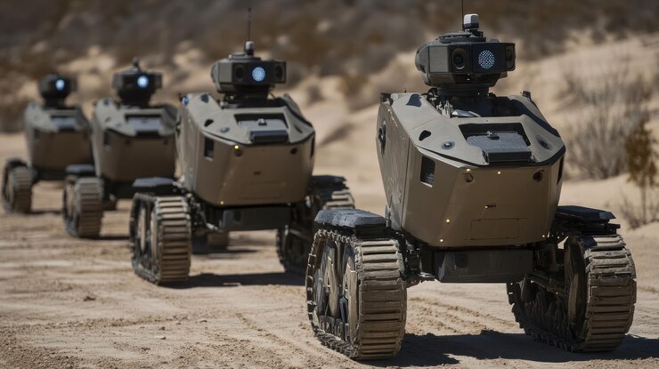 Photo four tracked robots drive in desert formation